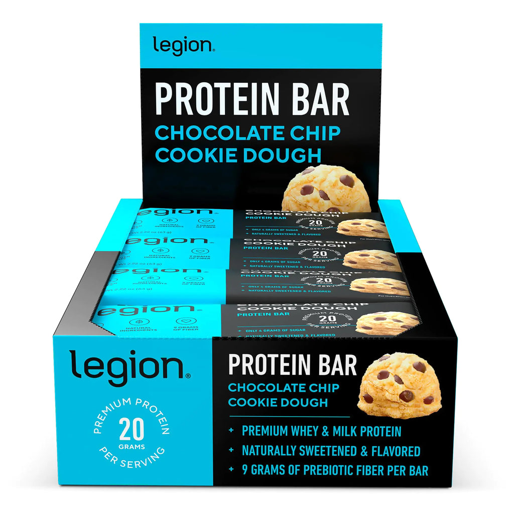 Legion Chocolate Chip Cookie Dough Protein Bar - 100% Whey Protein Bars Low Sugar High Protein with Prebiotic Fiber - Soy-Free Gluten Free Naturally Flavored Low Fat High Protein Bars (12 Count)