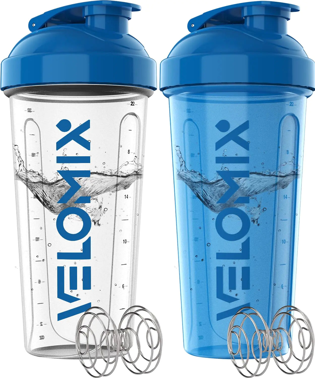 VELOMIX -x2 Pack- 28 oz Protein Shaker Bottles for Protein Mixes - 2x Wire Whisk | Leak Proof Shaker Cups for Protein Shakes | Protein Shaker Bottle Pack | Shakers for Protein Shakes-Blue&Transparent